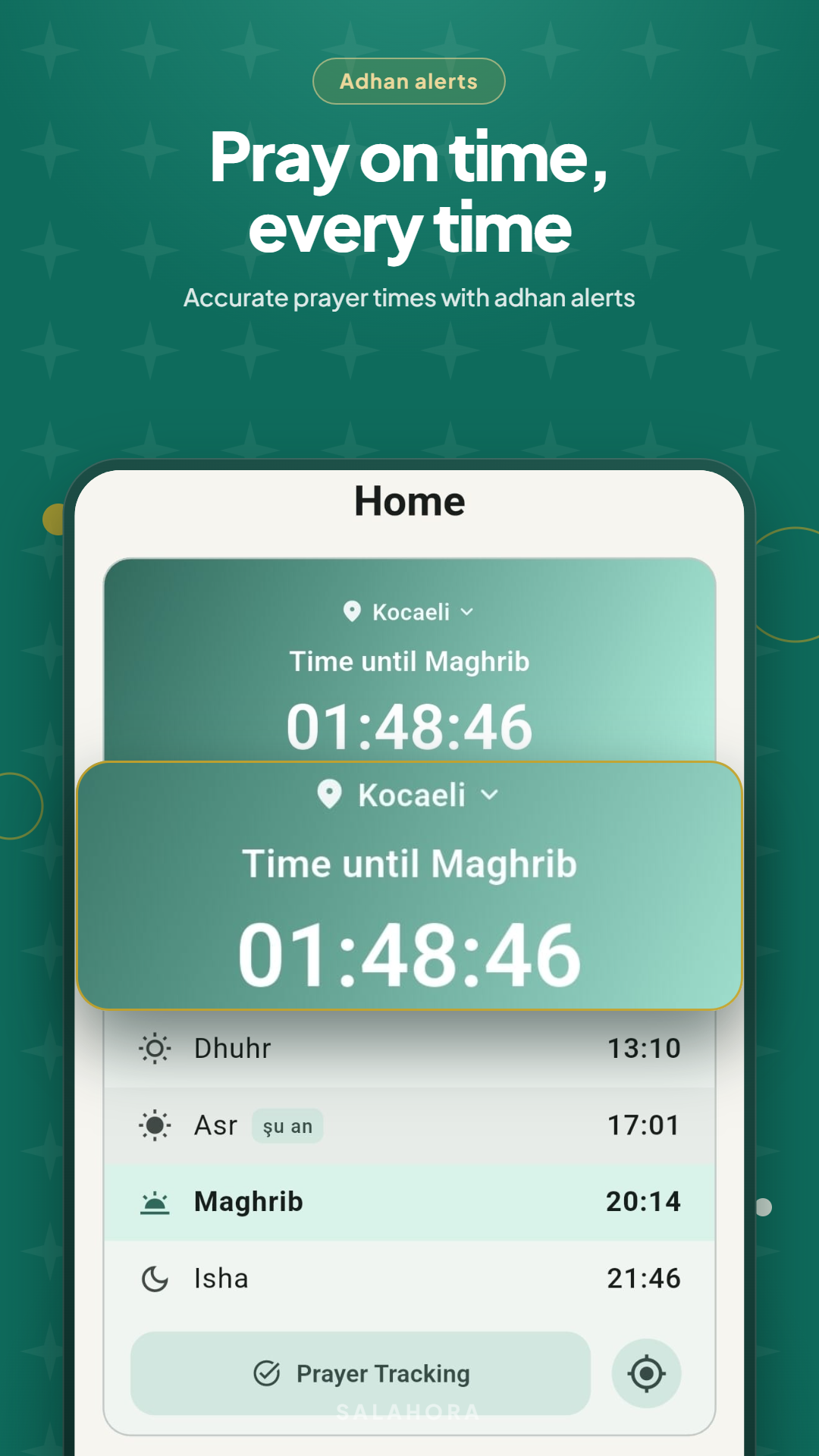 Salahora prayer times home screen showing the countdown to Maghrib and the day's timetable