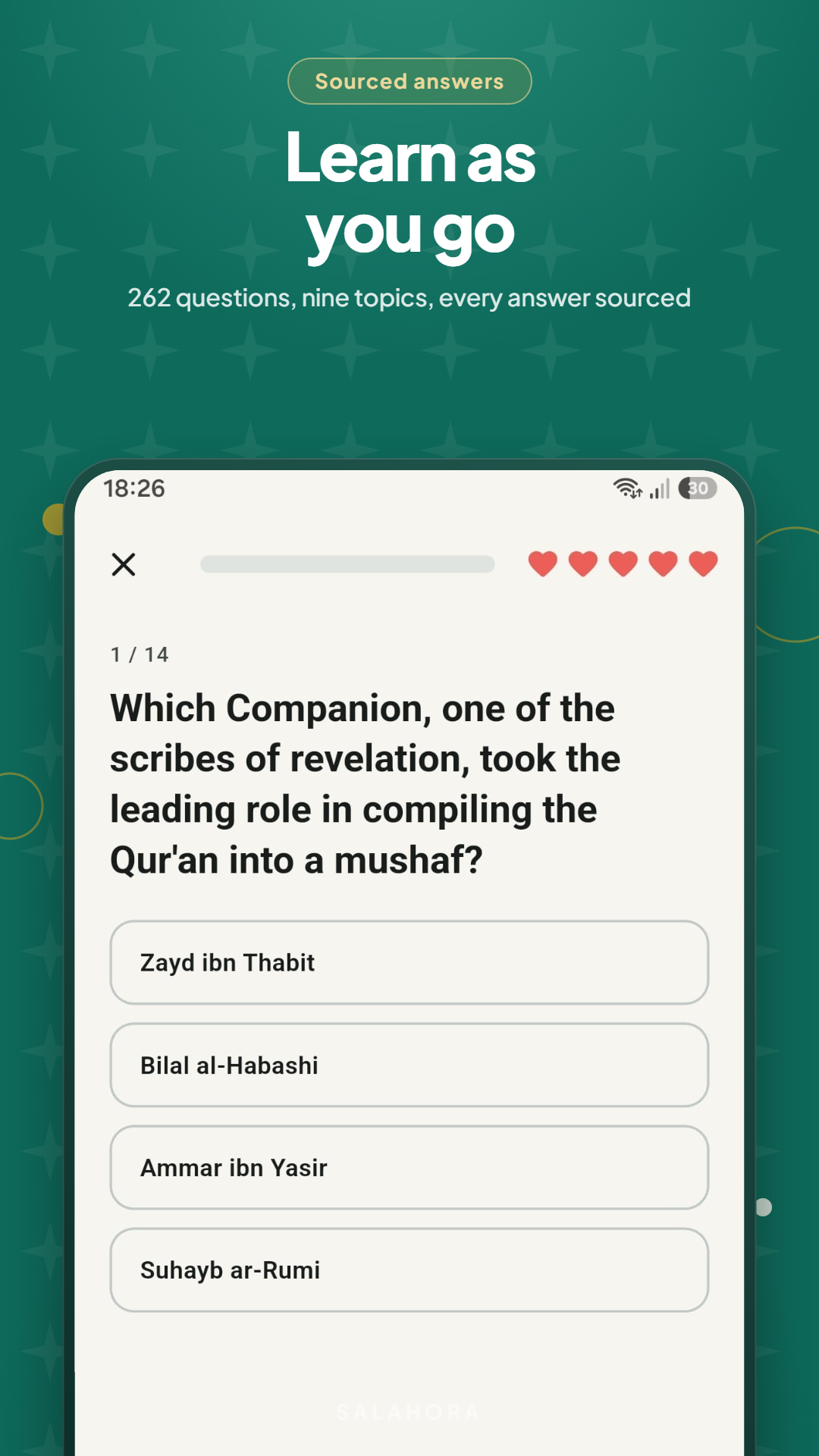 Salahora quiz screen showing a multiple choice question about the Quran