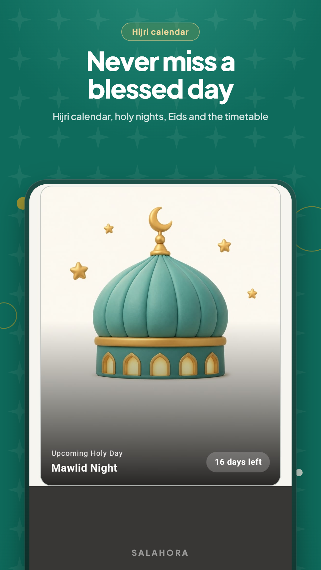 Salahora Hijri calendar screen showing the upcoming holy day countdown