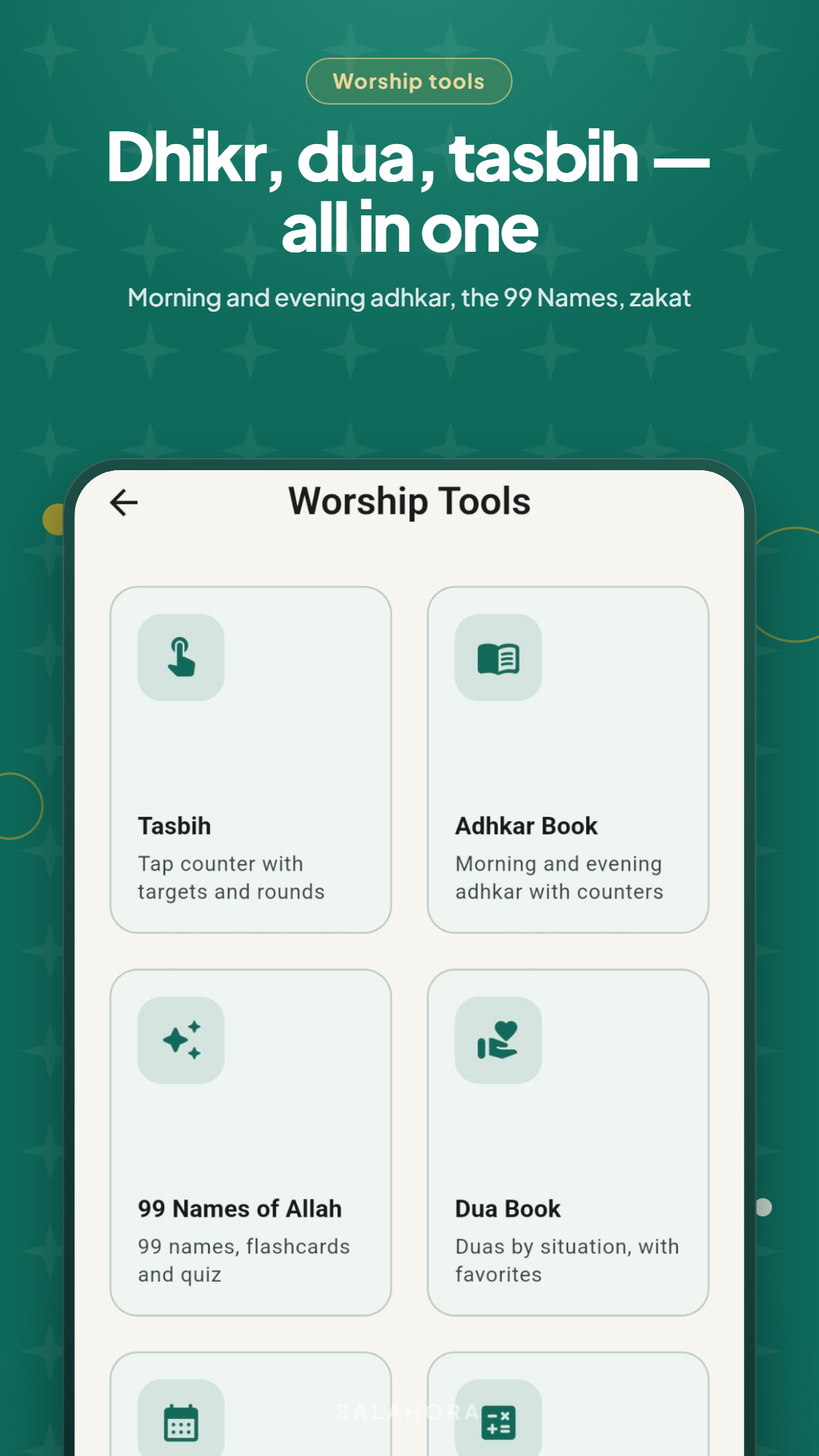 Salahora worship tools screen with tasbih, adhkar book, 99 Names and dua book